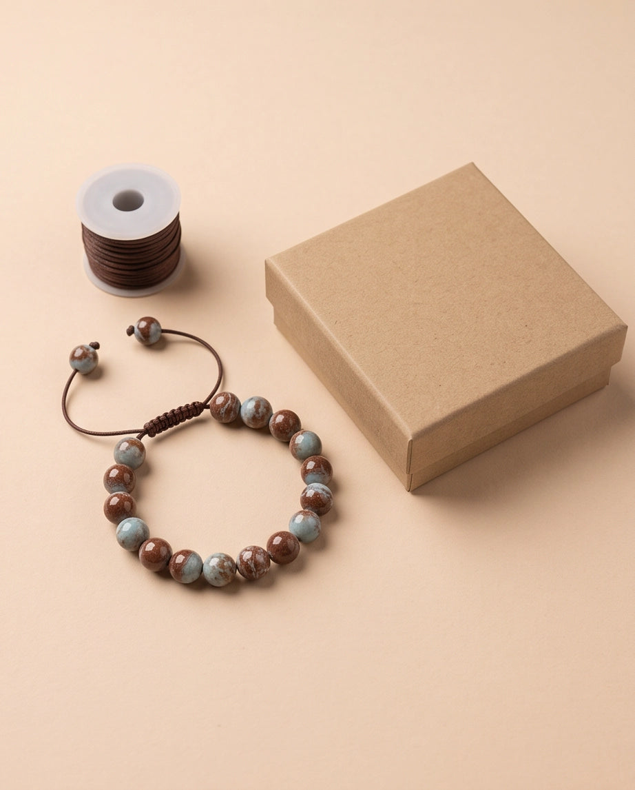 Earthy Rust & Teal Two-Tone Stone Beaded Adjustable Macrame Bracelet
