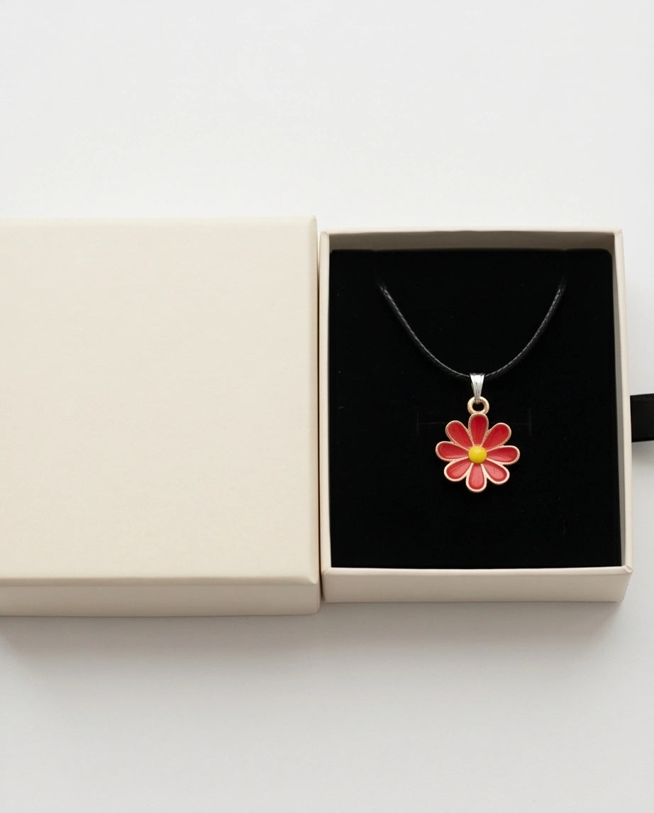 Gold and Red Daisy Pendant Necklace
