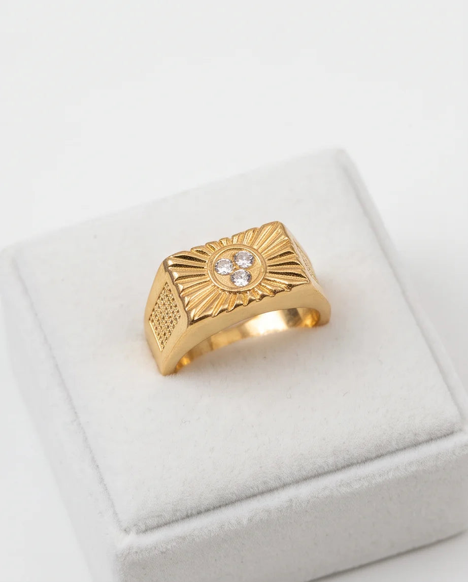 Celestial Sunburst Pavé Triple-Crystal Grid Gold Ring