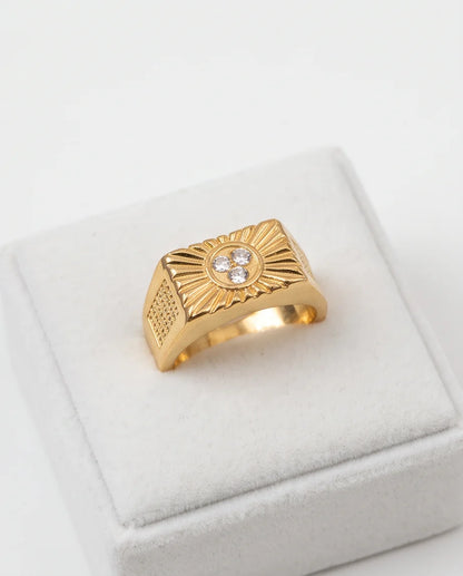 Celestial Sunburst Pavé Triple-Crystal Grid Gold Ring