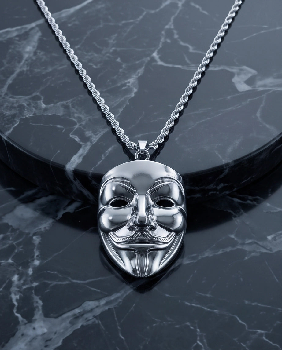 Silver Guy Fawkes Mask Rope Chain Necklace