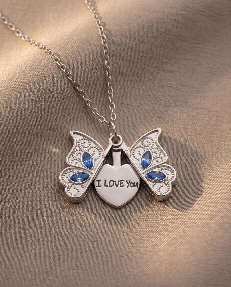 Silver Butterfly Secret Heart Pendant Necklace