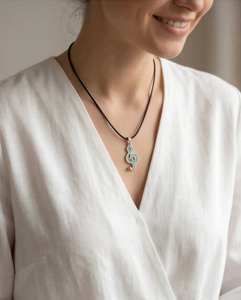 Gold and Light Blue Treble Clef Necklace