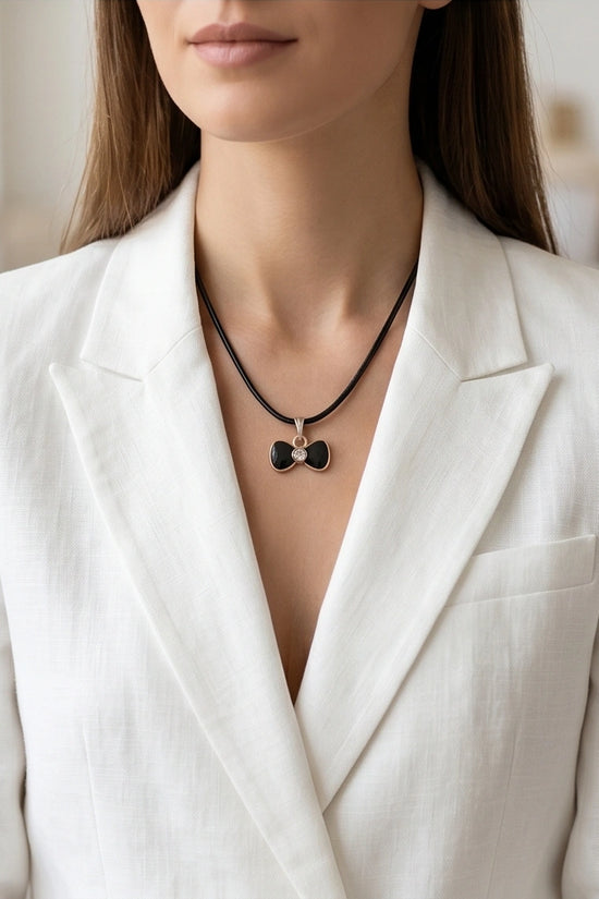 Gold Crystal and Black Bow Necklace
