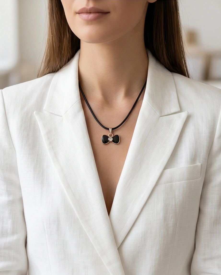 Gold Crystal and Black Bow Necklace