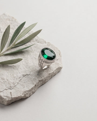 Emerald Gemstone Notched Bezel Geometric Diamond Silver Ring