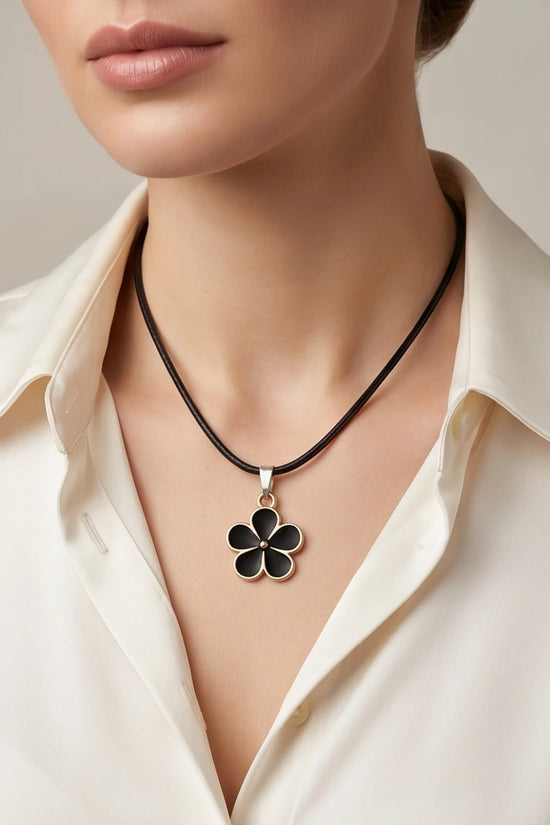 Gold and Black Flower Pendant Necklace