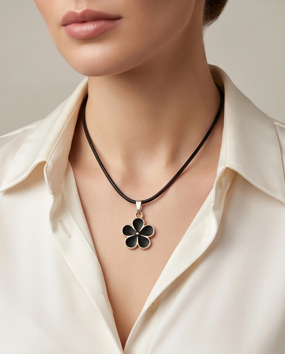 Gold and Black Flower Pendant Necklace