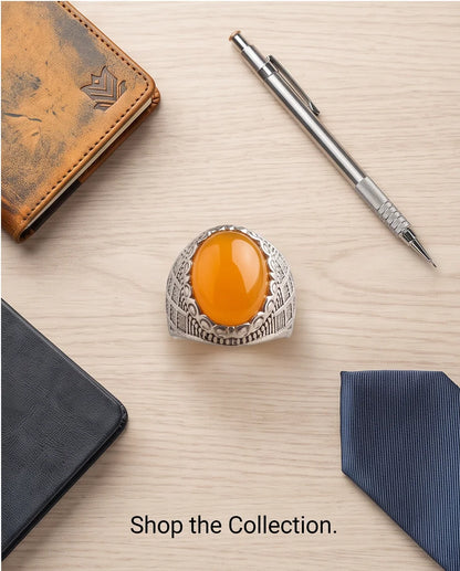 Amber Cabochon Crown Bezel Crosshatch Silver Ring