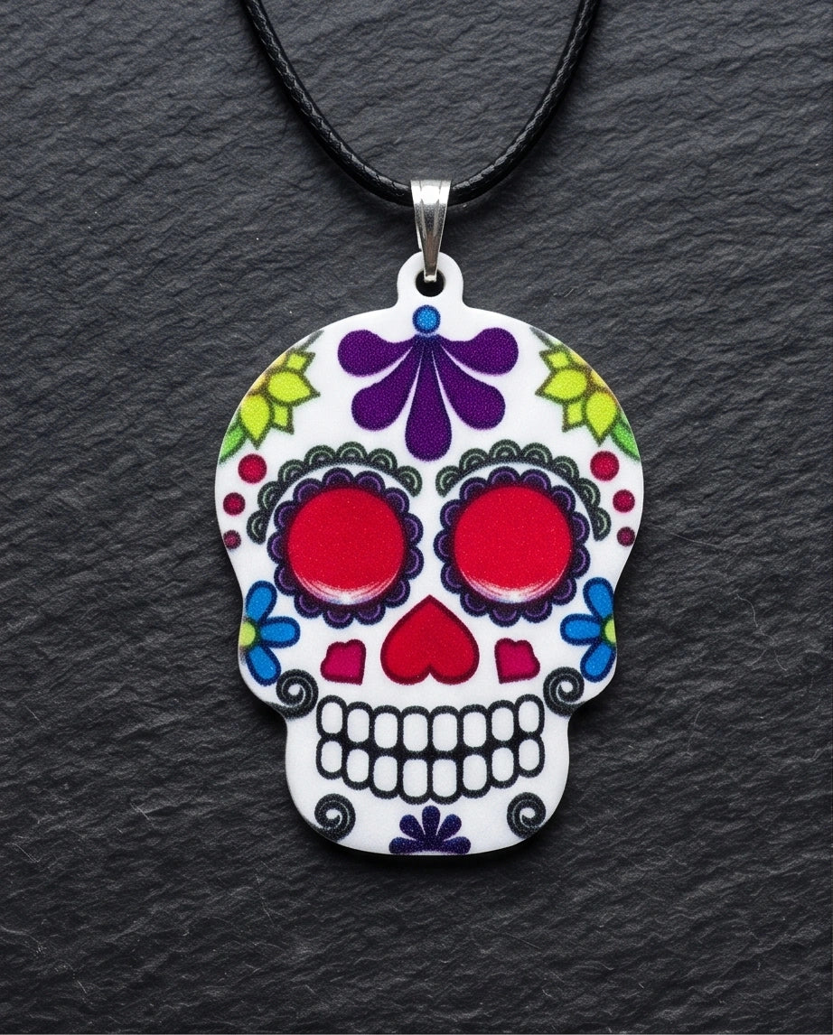 Vibrant Sugar Skull Día de los Muertos Pendant Necklace