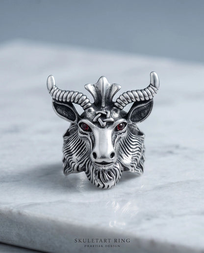 Red-Eyed Sculpted Baphomet Ram Ring