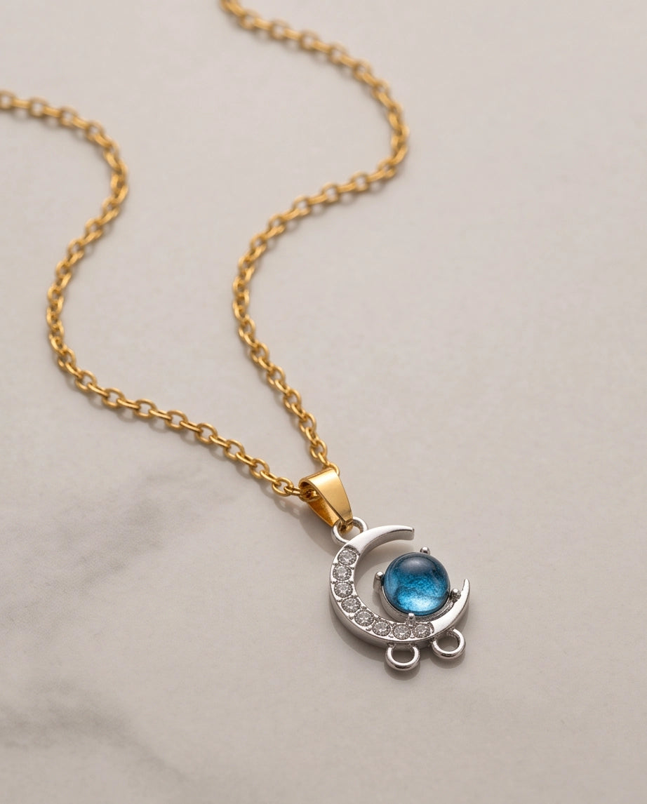 Silver Crystal Crescent Moon & Cosmic Blue Stone Pendant Necklace