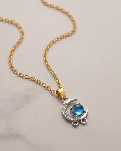 Silver Crystal Crescent Moon & Cosmic Blue Stone Pendant Necklace