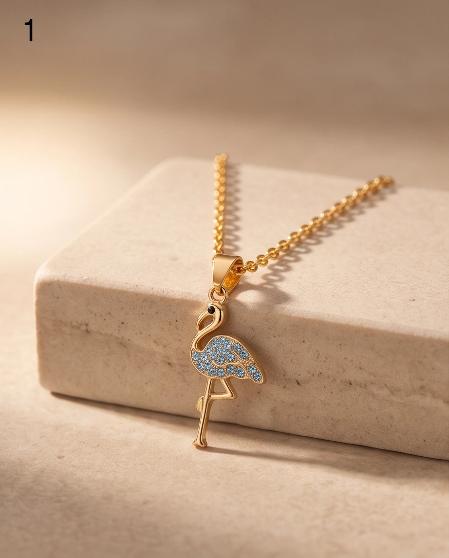 Gold Blue Crystal Paved Flamingo Pendant Necklace