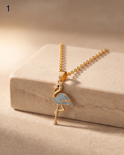 Gold Blue Crystal Paved Flamingo Pendant Necklace