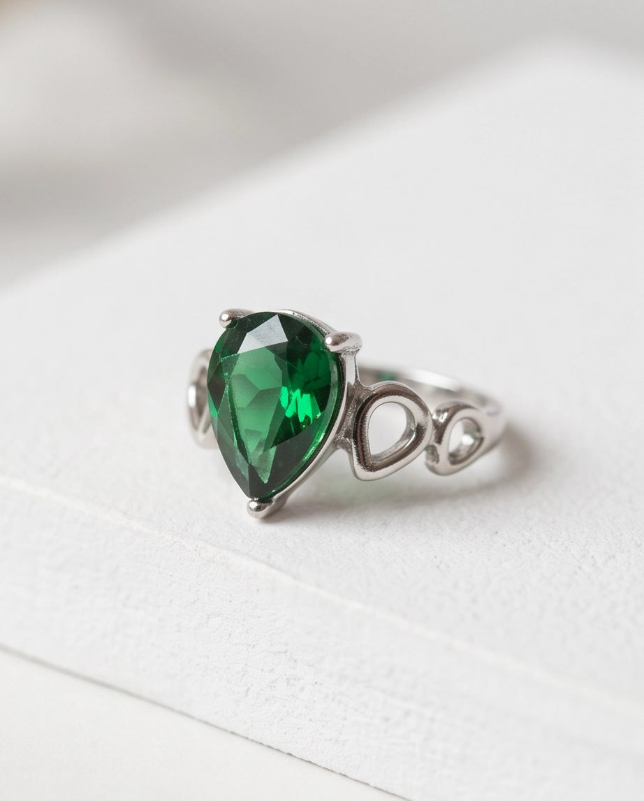 Emerald Gemstone Prong-Set Teardrop Loop Silver Ring