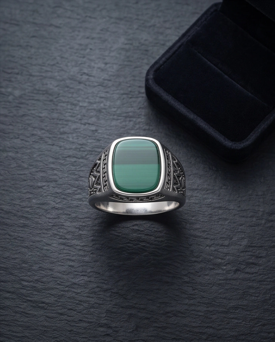 Green Agate Cushion Cabochon Greek Key Zigzag Silver Ring