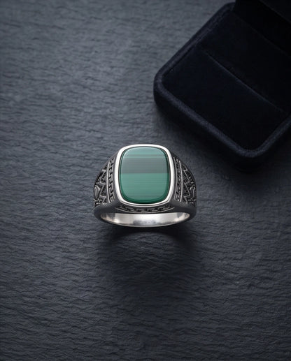 Green Agate Cushion Cabochon Greek Key Zigzag Silver Ring
