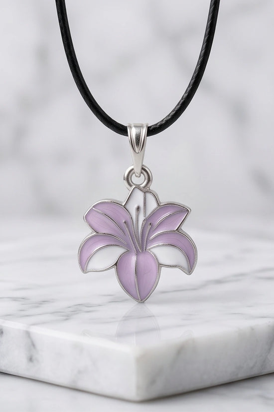 Elegant Pastel Pink and White Lily Enamel Pendant Necklace