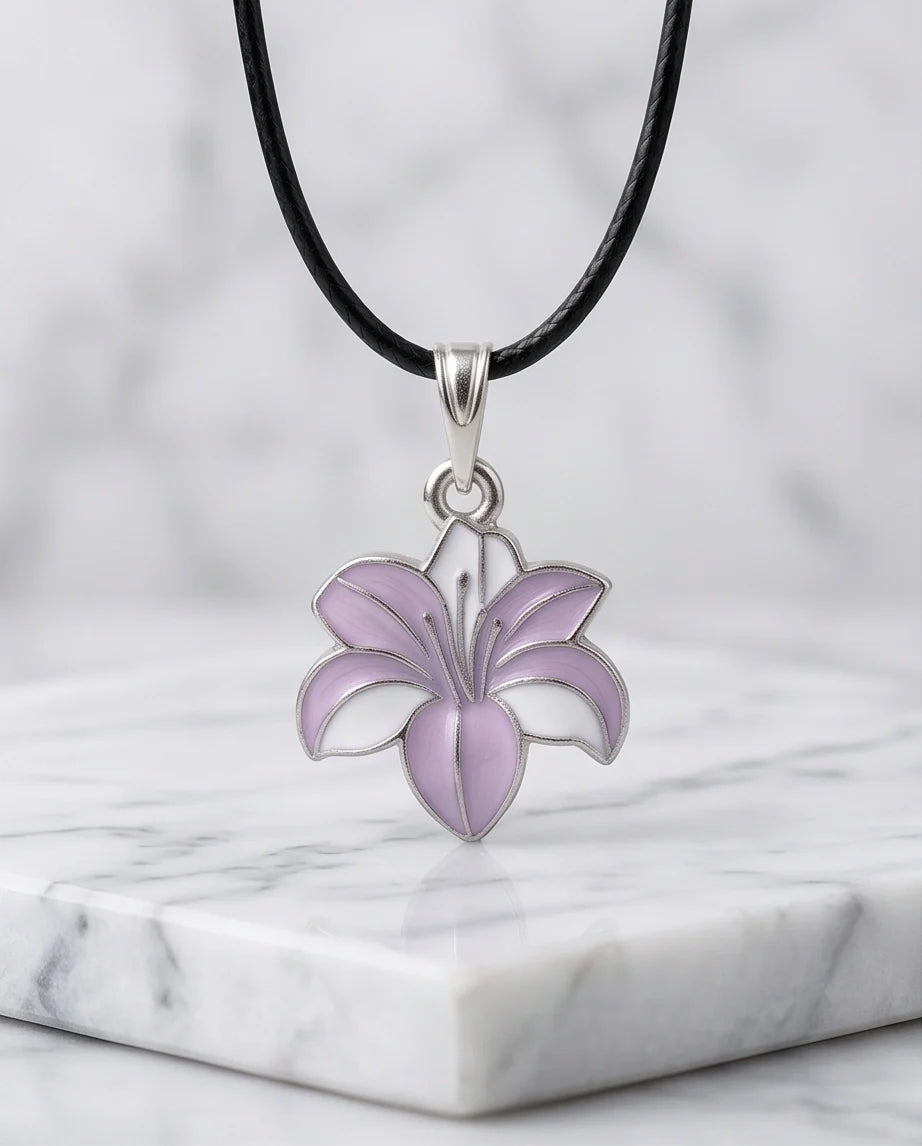 Elegant Pastel Pink and White Lily Enamel Pendant Necklace