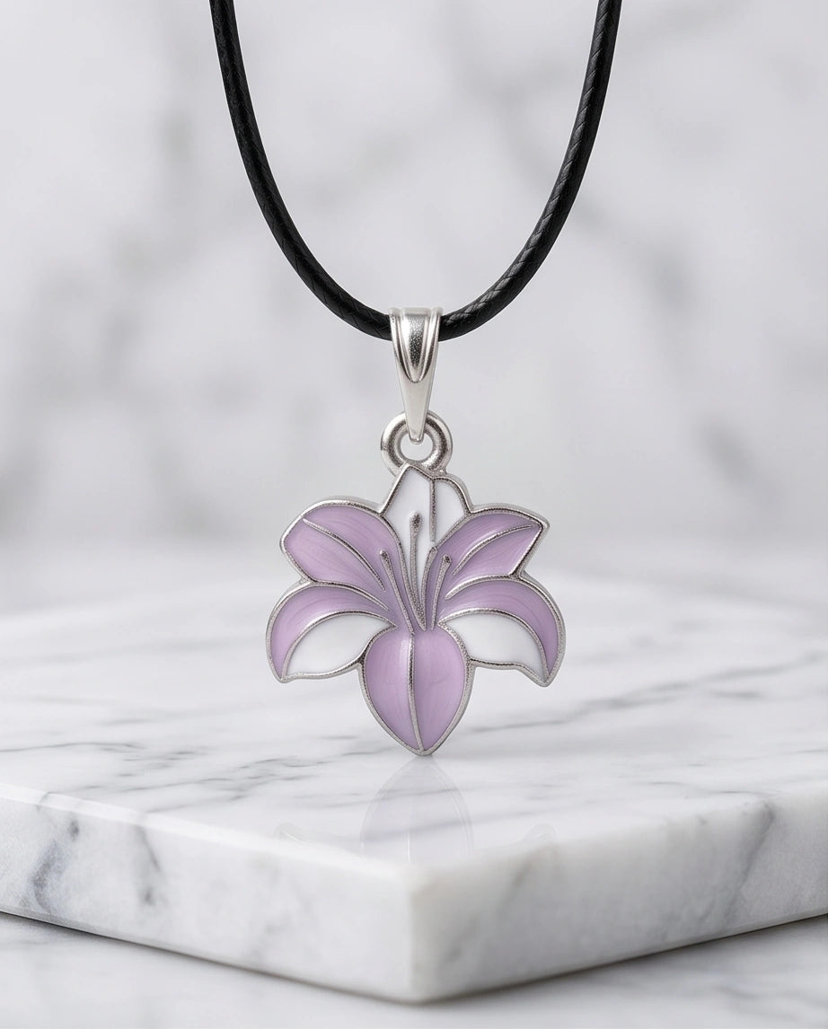Elegant Pastel Pink and White Lily Enamel Pendant Necklace