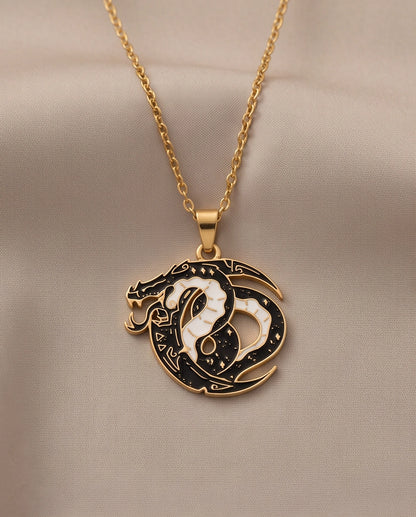 Gold Coiled Dragon Black & White Enamel Pendant Necklace