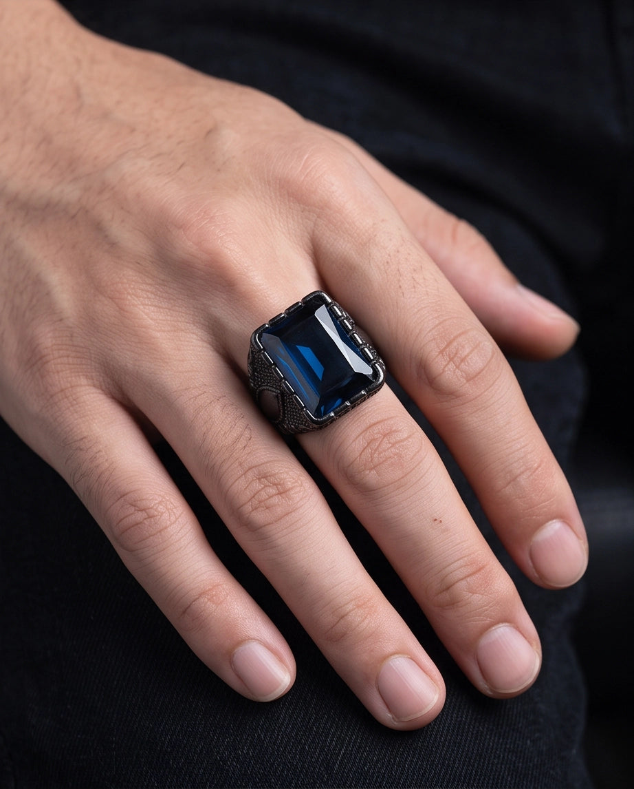 Deep Sapphire Emerald-Cut Gemstone Architectural Filigree Silver Ring