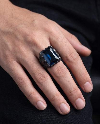 Deep Sapphire Emerald-Cut Gemstone Architectural Filigree Silver Ring
