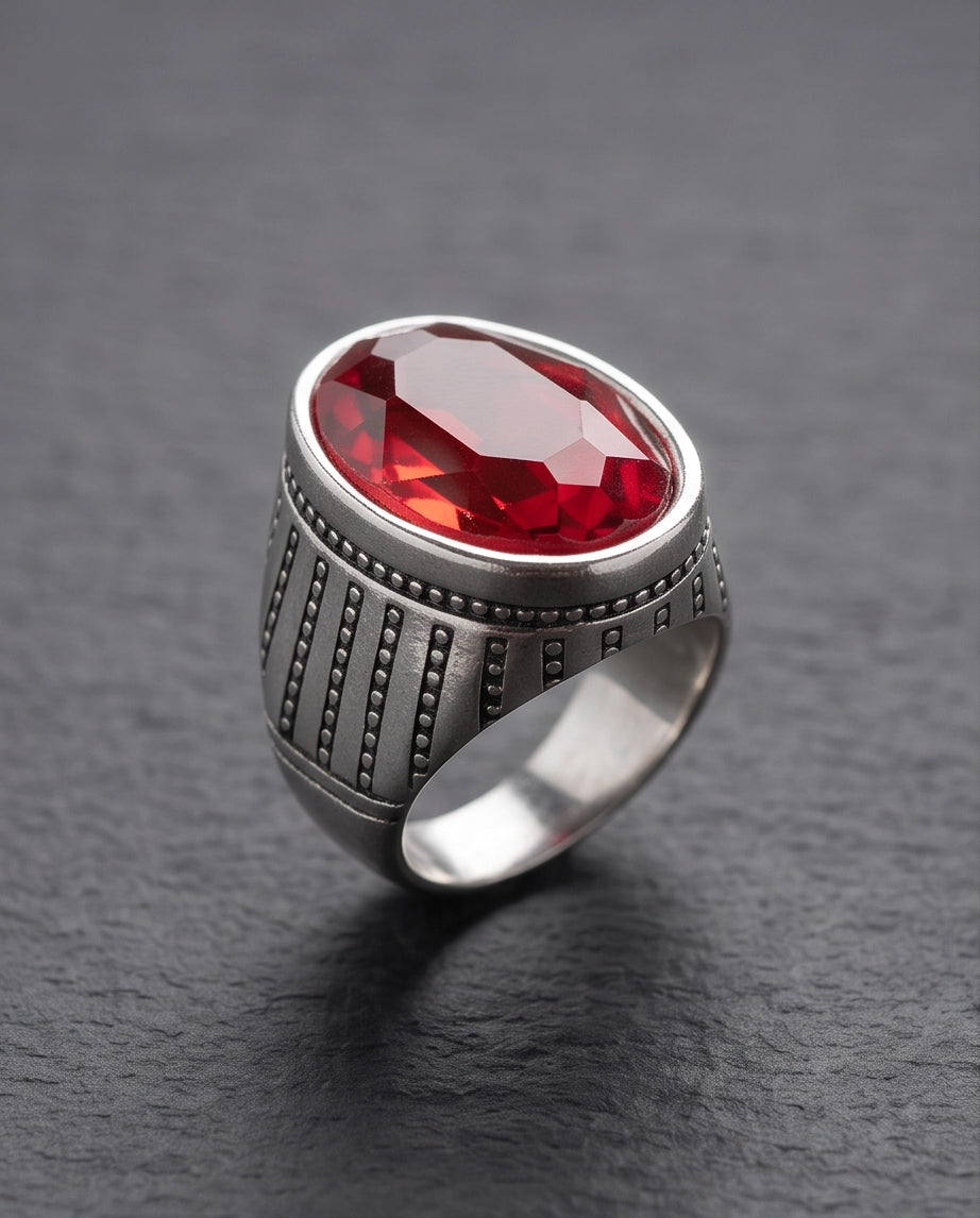 Ruby Gemstone Beaded Surround Vertical Ribbed Silver Ring