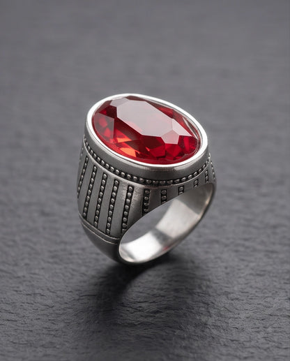 Ruby Gemstone Beaded Surround Vertical Ribbed Silver Ring