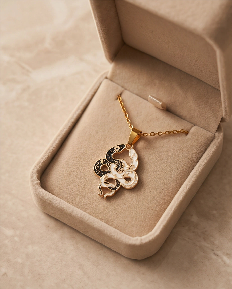 Gold Dual Serpent Celestial Enamel Pendant Necklace