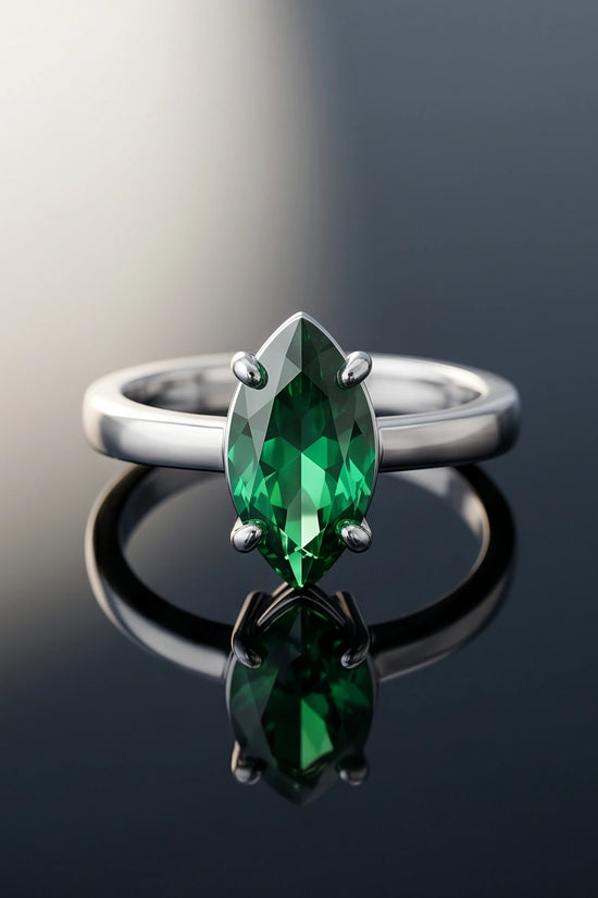 Sterling Silver Marquise-Cut Green Emerald Solitaire Ring