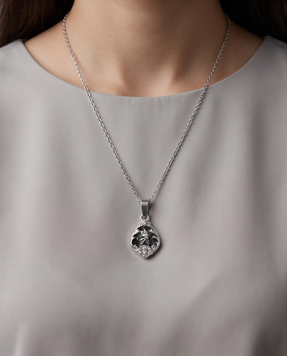 Silver Vintage Cherub Black Enamel Teardrop Pendant Necklace