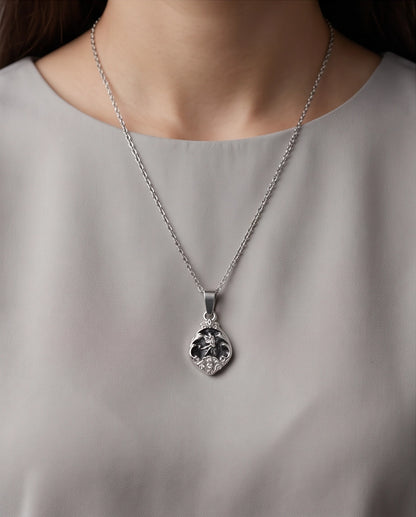 Silver Vintage Cherub Black Enamel Teardrop Pendant Necklace