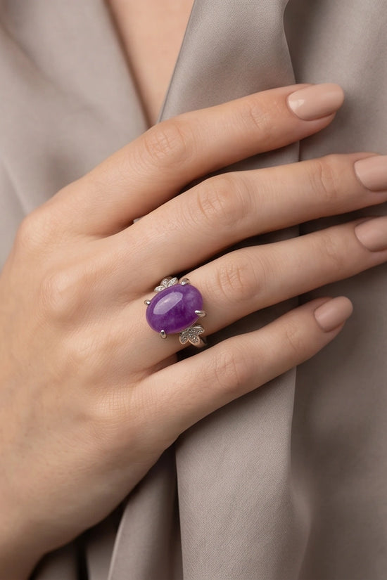 "Ethereal Purple Jade Leaf Statement Ring"