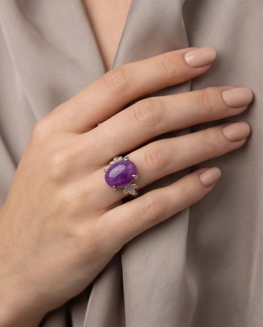"Ethereal Purple Jade Leaf Statement Ring"
