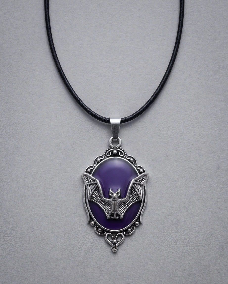 Silver Gothic Bat Purple Enamel Medallion Chain Necklace