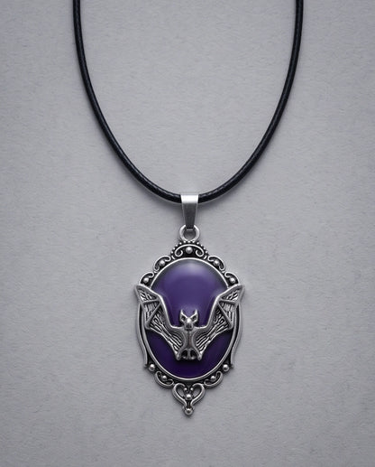 Silver Gothic Bat Purple Enamel Medallion Chain Necklace