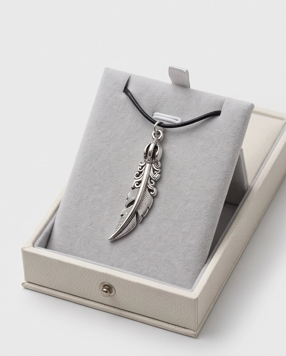 Silver Tribal Feather Cord Necklace