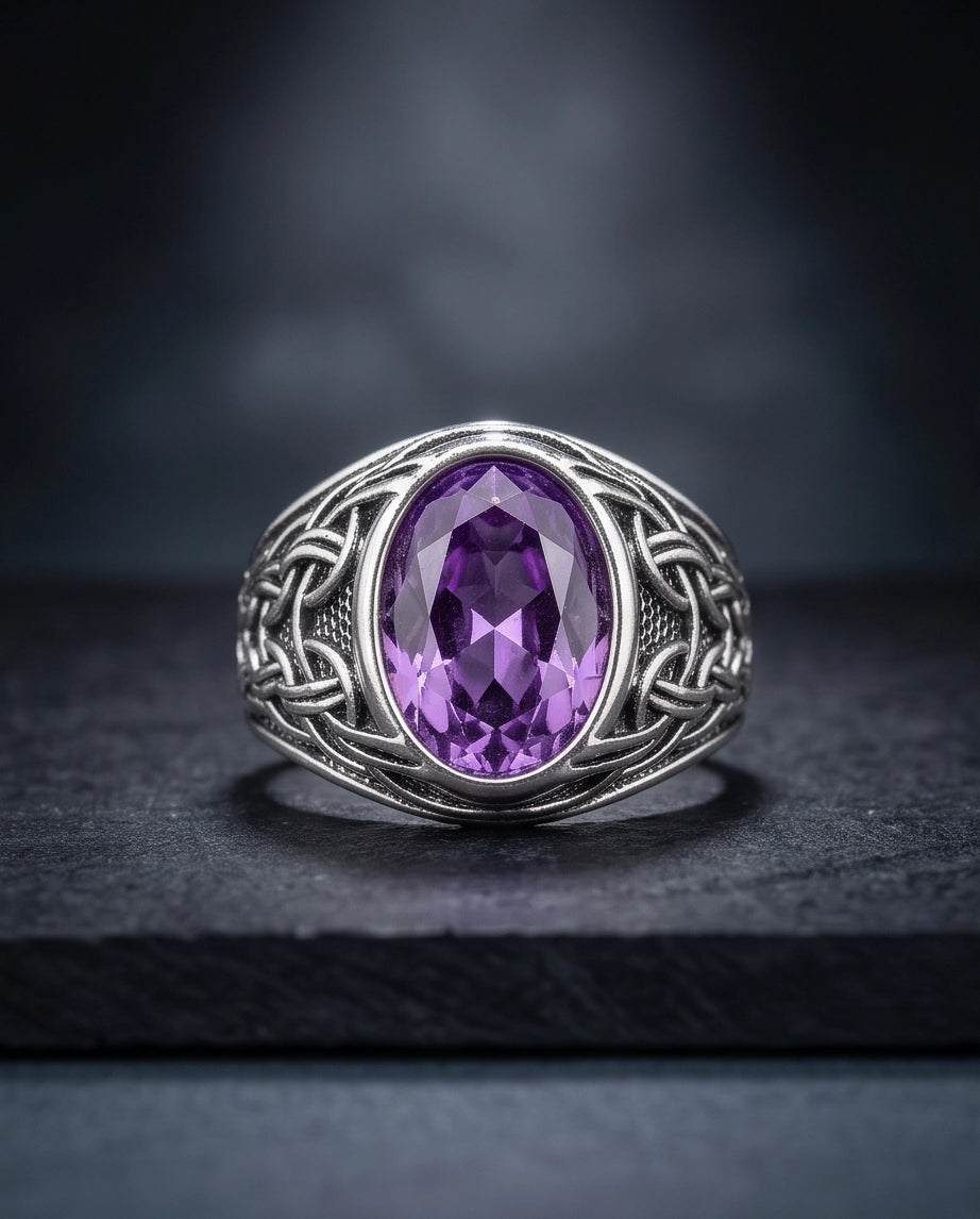 Amethyst Gemstone Celtic Knotwork Silver Ring