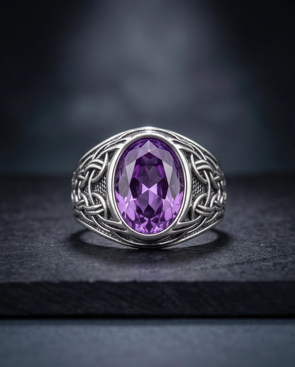 Amethyst Gemstone Celtic Knotwork Silver Ring