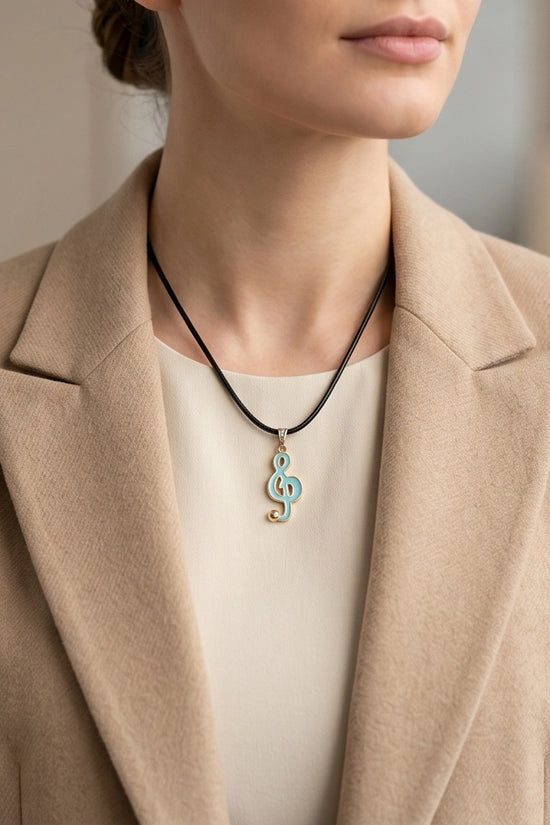 Gold and Light Blue Treble Clef Necklace