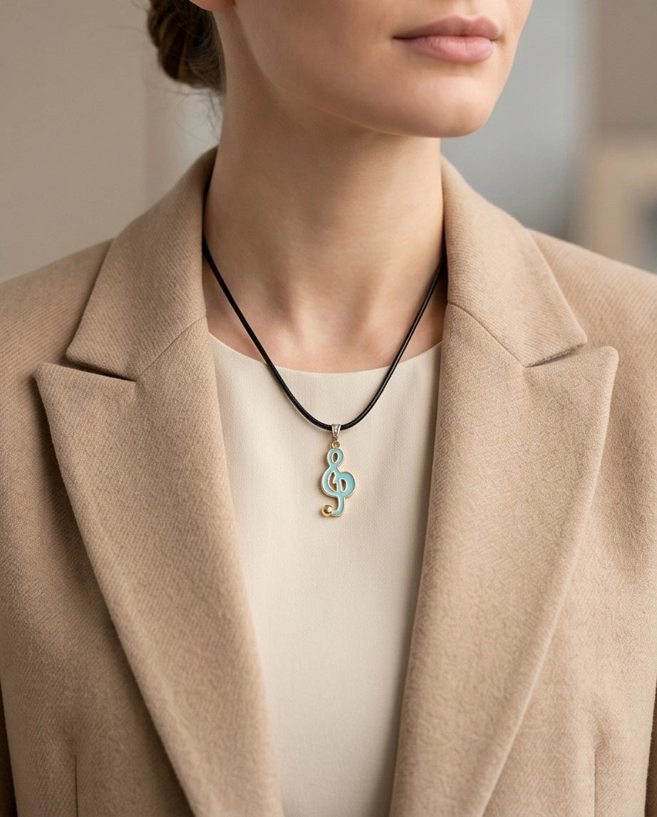 Gold and Light Blue Treble Clef Necklace