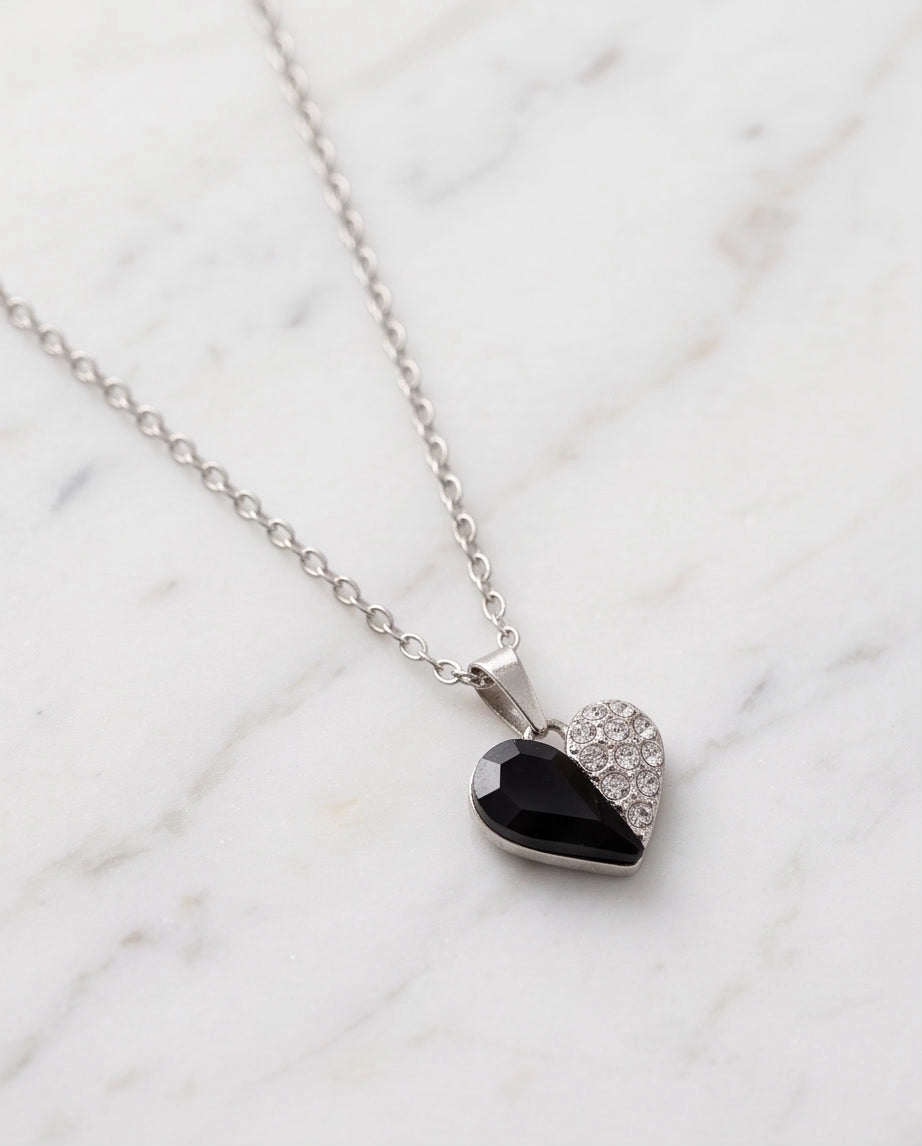 Silver Onyx Heart Pavé Pendant Necklace