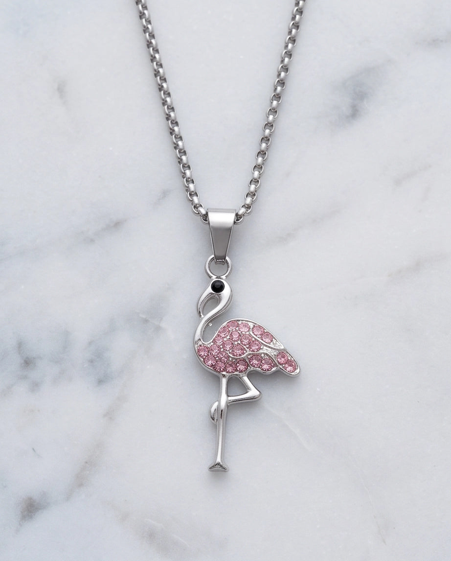 Silver Pink Crystal Paved Flamingo Pendant Necklace
