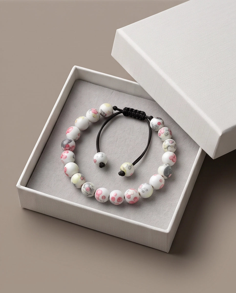 Cherry Blossom Patterned Ceramic Beaded Adjustable Macrame Bracelet