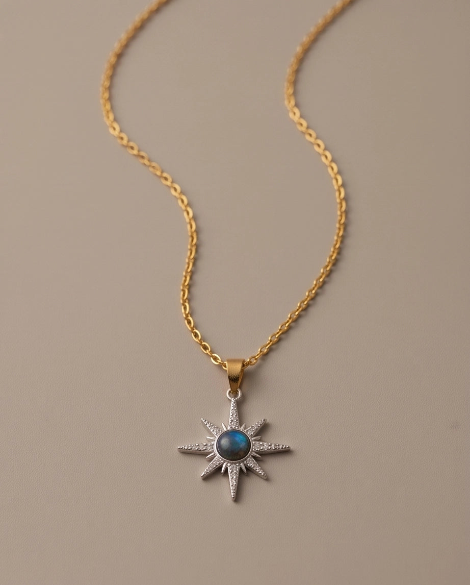 Silver Crystal Paved North Star Cosmic Orb Pendant Necklace