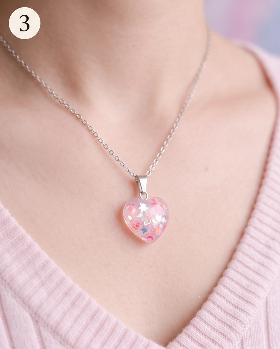 Silver Faceted Rose Pink Glitter Heart Resin Pendant Necklace
