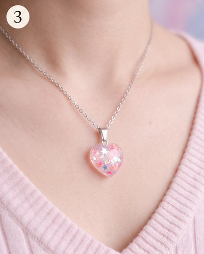Silver Faceted Rose Pink Glitter Heart Resin Pendant Necklace