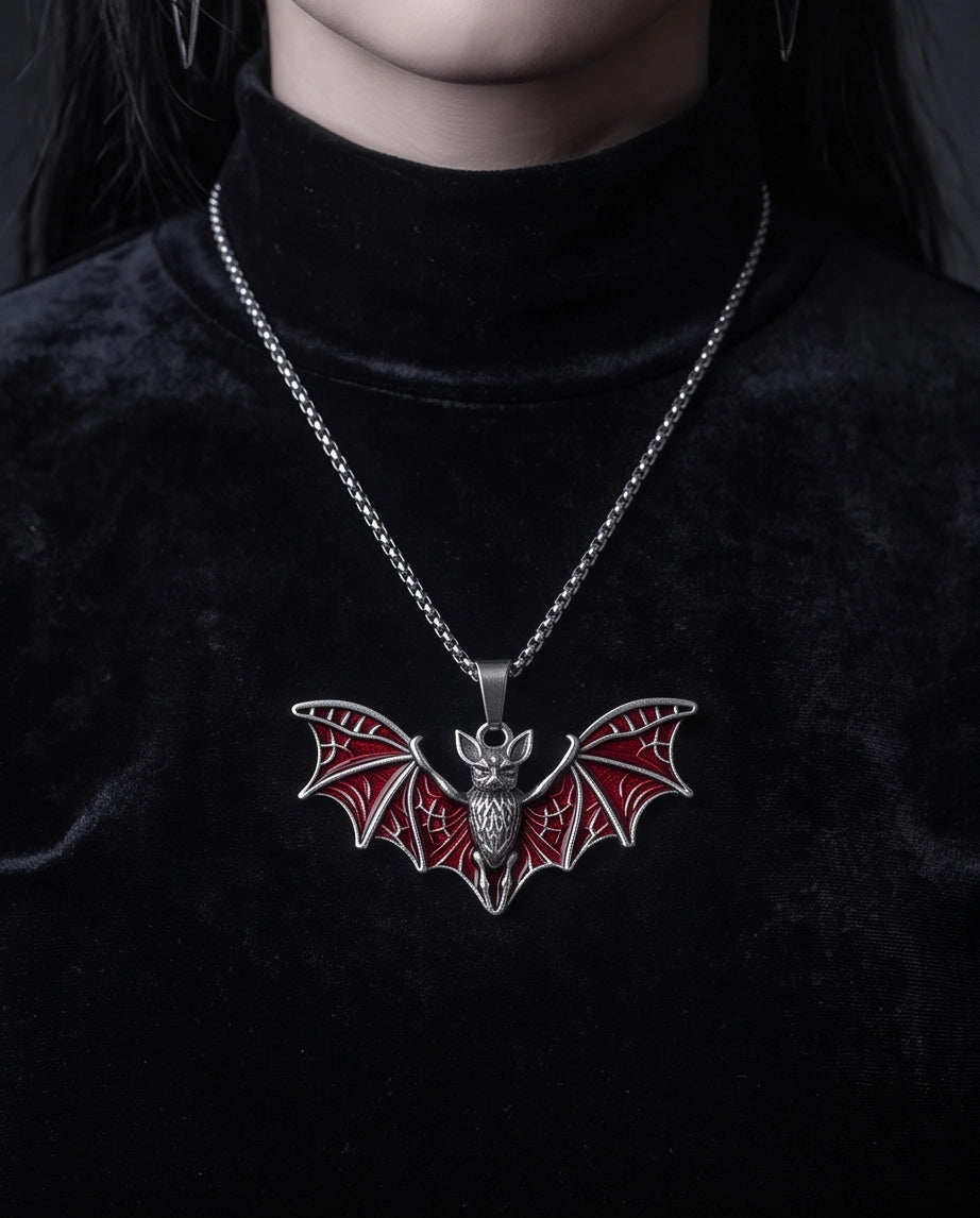 Silver Red Enamel Flying Bat Pendant Necklace